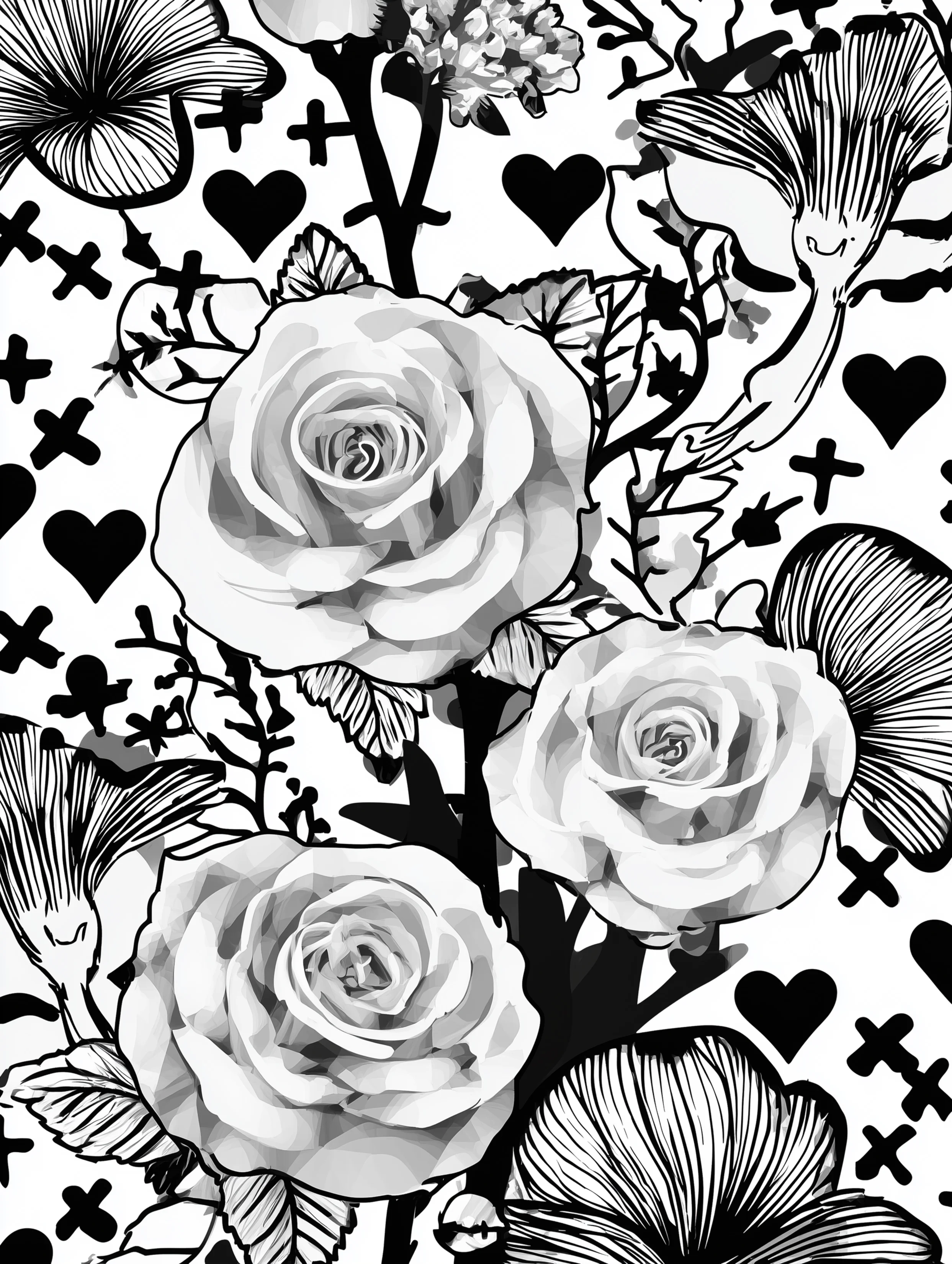 Free printable rose coloring page for adults featuring cross marks hearts and roses